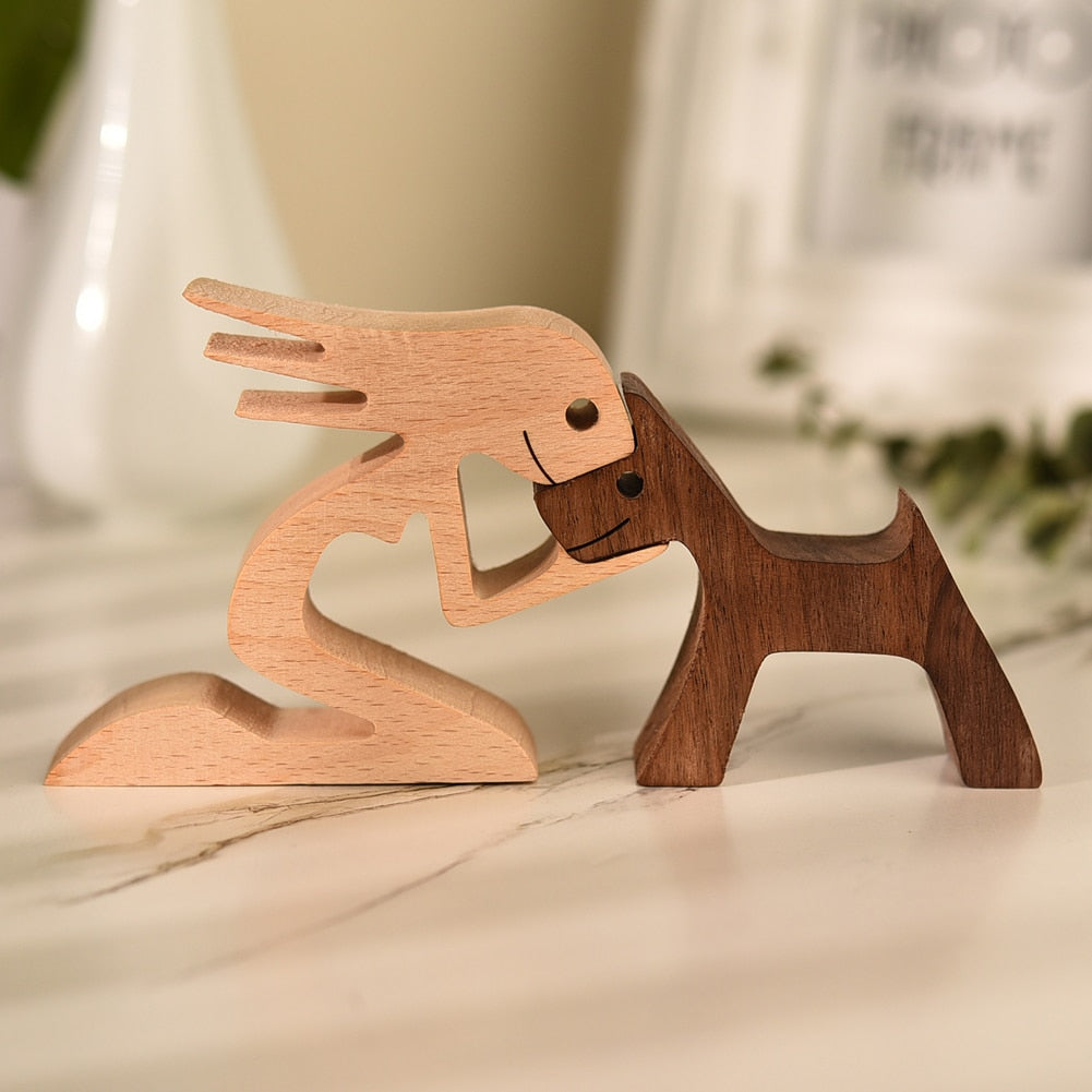 Family Puppy Wood Dog Craft Figurine Desktop Table Ornament Carving Model Home Office Decoration Pet Sculpture Christmas Gift - Azbrowse