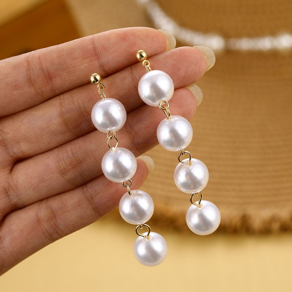 IPARAM Trend Simulation Pearl Long Earrings Female White Round Pearl Wedding Pendant Earrings Fashion Korean Jewelry Earrings - Azbrowse