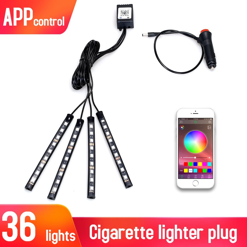 Led Car Interior Backlight With Usb Cigarette Lighter Ambient Atmosphere Mood Light Rgb Remote App Auto Foot Decorative Lamp - Azbrowse