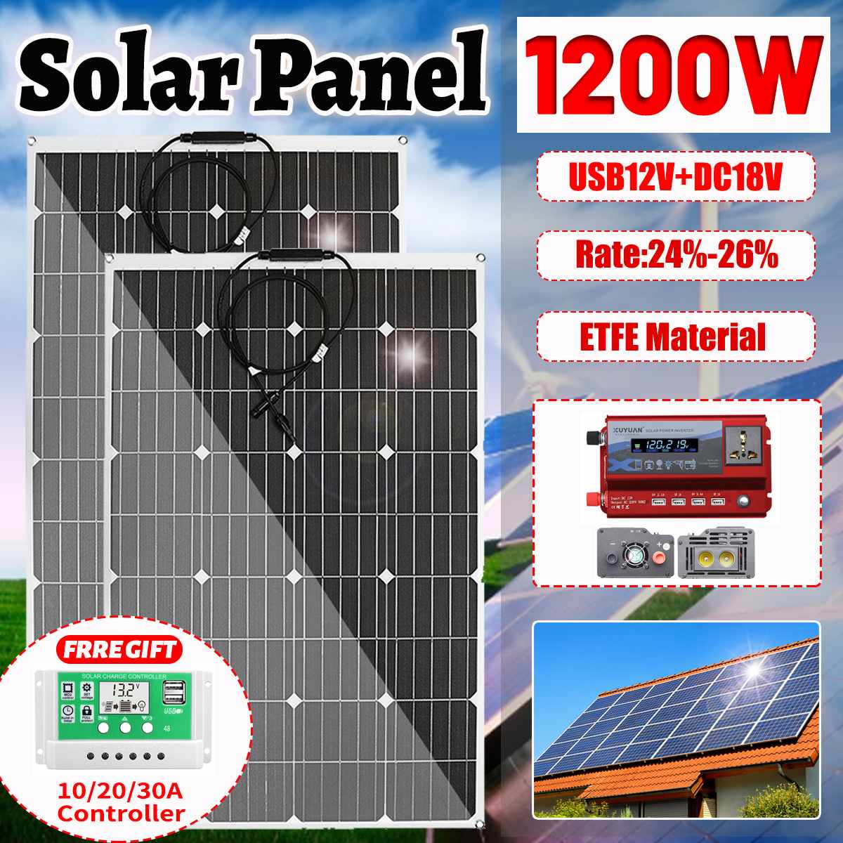 600w 1200w ETFE Solar Panel 12v Photovoltaic Home System Inverter Complete Kit Solar Cell Battery Charger For Car Boat Camping - Azbrowse