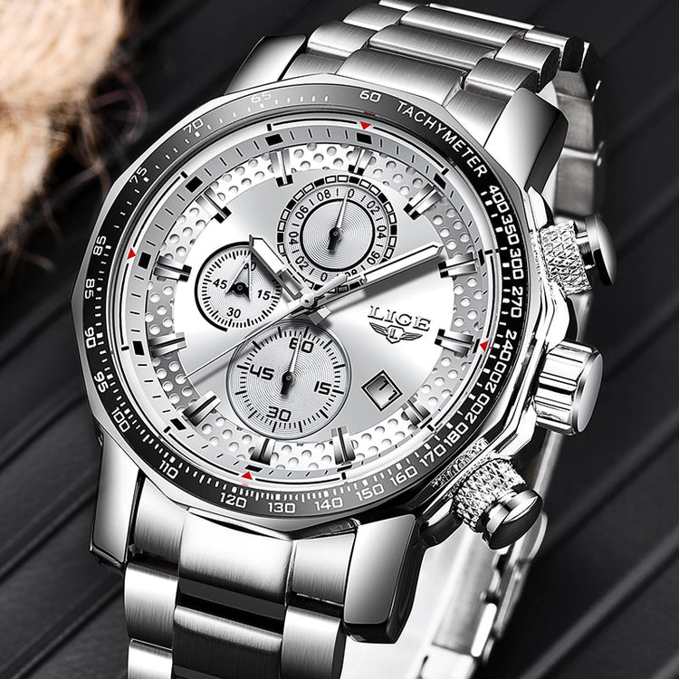 LIGE Silver Big Dial Watch Men Sport Quartz Clock Fashion Men Watches Top Brand Luxury Man Military Waterproof Chronograph 2021 - Azbrowse