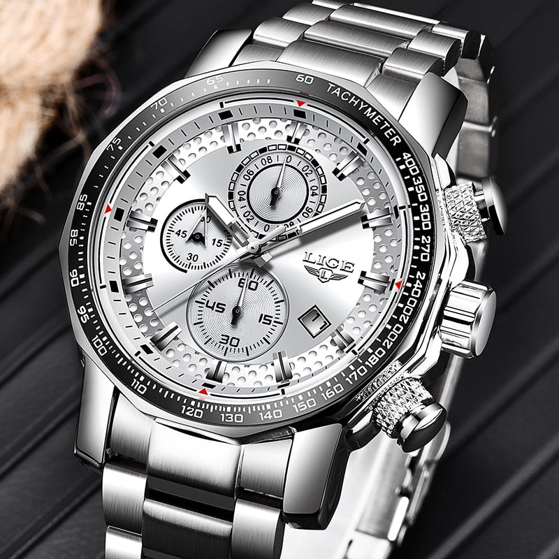 LIGE Silver Big Dial Watch Men Sport Quartz Clock Fashion Men Watches Top Brand Luxury Man Military Waterproof Chronograph 2021 - Azbrowse
