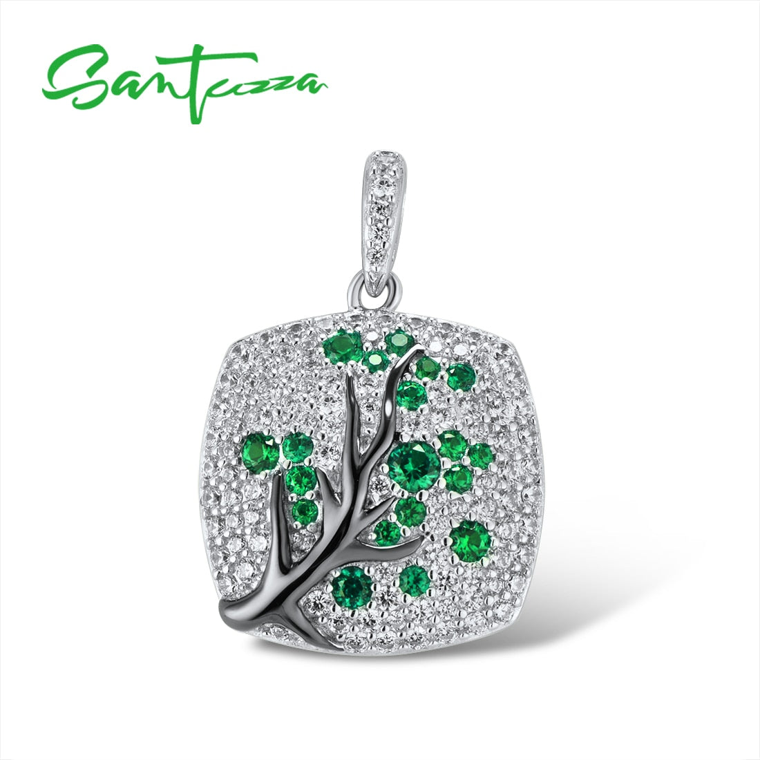SANTUZZA 925 Sterling Silver Pendant For Women Sparkling Pink Green Cherry Tree Delicate Fashion подвеска кулон Fine Jewelry - Azbrowse