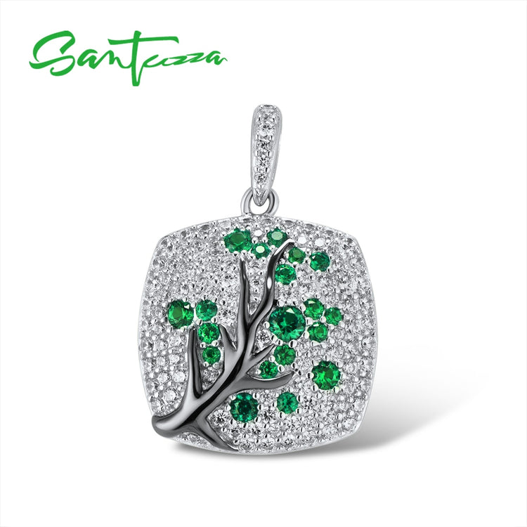 SANTUZZA 925 Sterling Silver Pendant For Women Sparkling Pink Green Cherry Tree Delicate Fashion подвеска кулон Fine Jewelry - Azbrowse