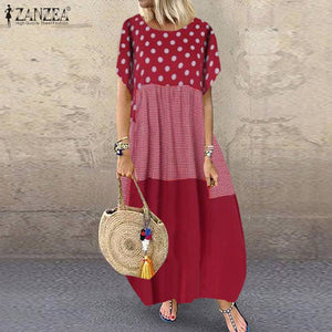 ZANZEA Bohemian Polka Dot Printed Long Dress 2023 Women's Summer Sundress Casual Short Sleeve Plaid Party Vestido Robe - Azbrowse