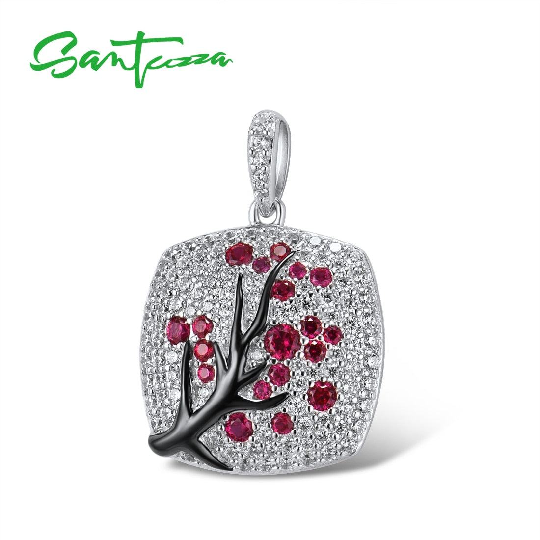 SANTUZZA 925 Sterling Silver Pendant For Women Sparkling Pink Green Cherry Tree Delicate Fashion подвеска кулон Fine Jewelry - Azbrowse