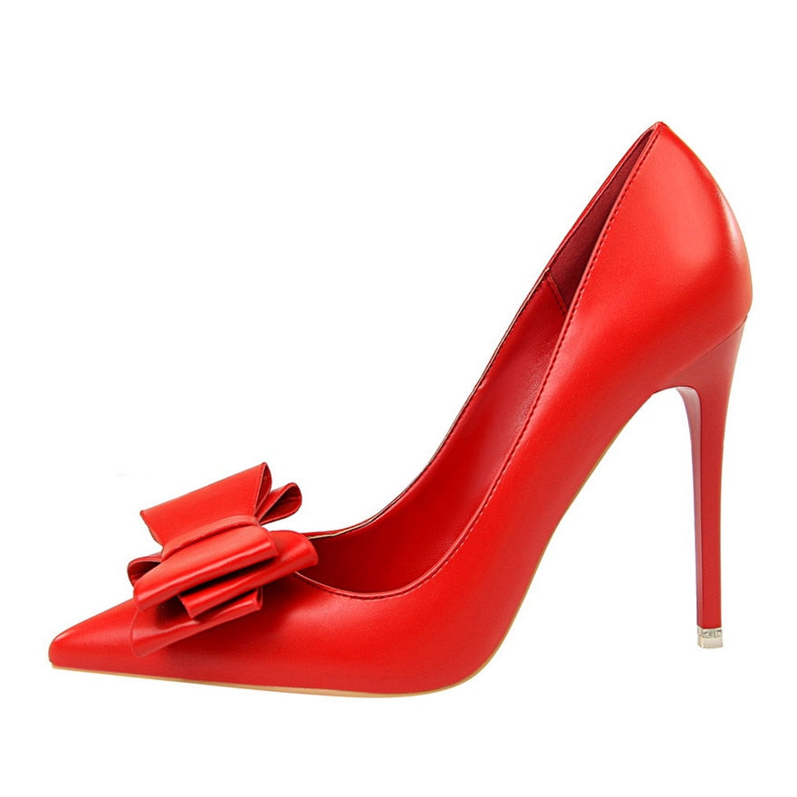 Fashion Sweet Bowknot Slip-on Women Shoes Soft Leather Shallow Pointed Office Shoes Women Pumps Autumn Fashion High Heels Shoes - Azbrowse