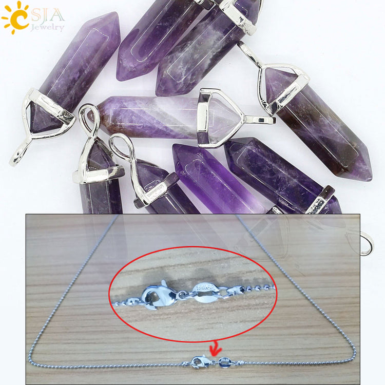 CSJA Real Raw Pink Purple Gem Crystals Necklace Hexagonal Bullet Reiki Chakra Natural Stone Necklace Pendant Women Jewelry E056 - Azbrowse