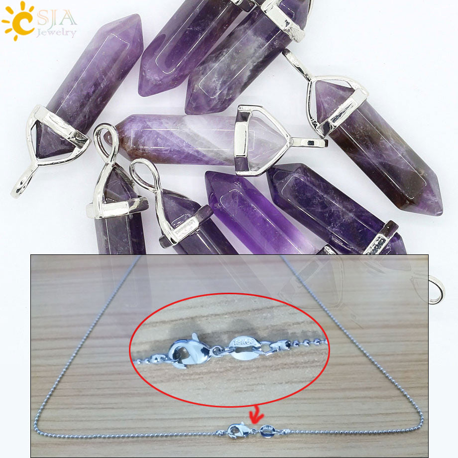 CSJA Real Raw Pink Purple Gem Crystals Necklace Hexagonal Bullet Reiki Chakra Natural Stone Necklace Pendant Women Jewelry E056 - Azbrowse