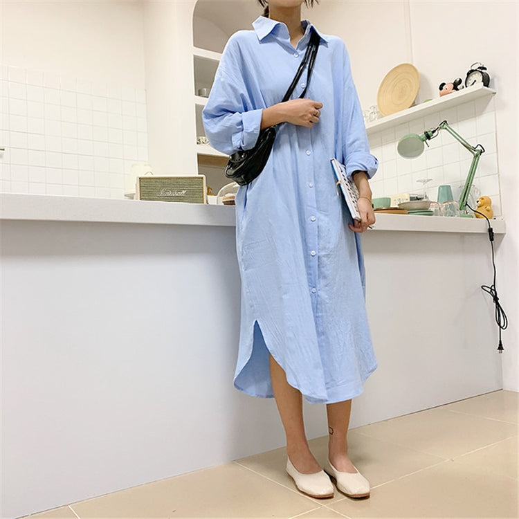 Cotton Women Blouse Shirt Dress Beach Vacation New Linen Cottons Casual Plus Size Womans Long Section Shirt White/Blue - Azbrowse