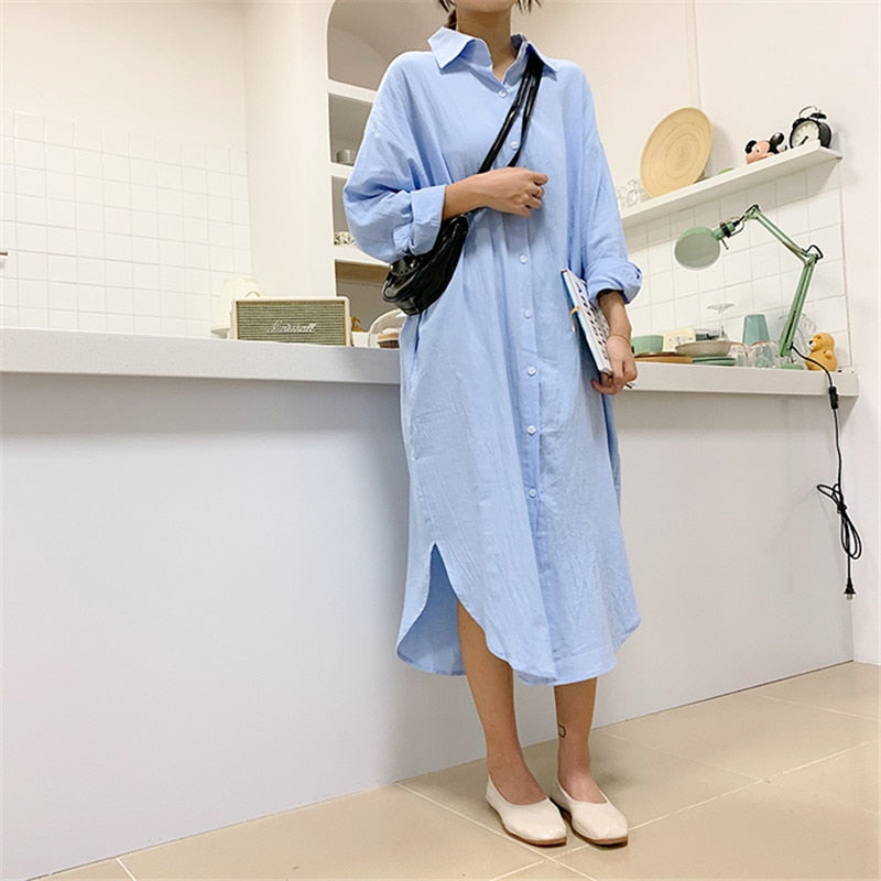 Cotton Women Blouse Shirt Dress Beach Vacation New Linen Cottons Casual Plus Size Womans Long Section Shirt White/Blue - Azbrowse