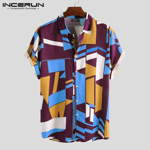 INCERUN Summer Men Beach Shirt Geometric Print Short Sleeve Lapel Neck Button Leisure Hawaiian Shirts Men 2023 Streetwear S-5XL - Azbrowse