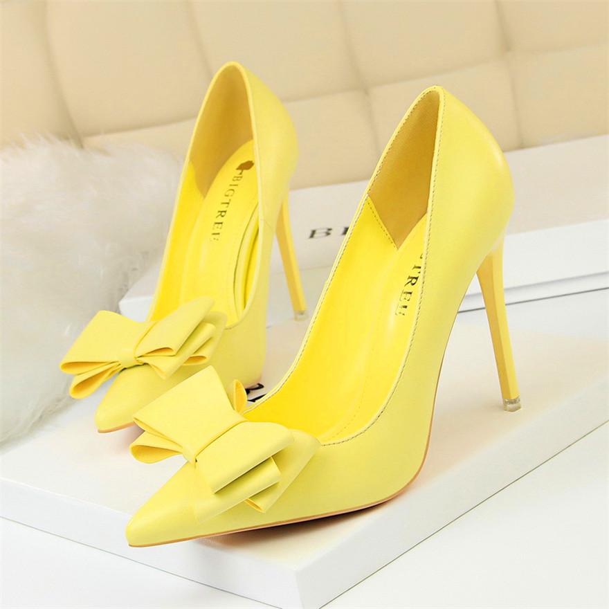 Fashion Sweet Bowknot Slip-on Women Shoes Soft Leather Shallow Pointed Office Shoes Women Pumps Autumn Fashion High Heels Shoes - Azbrowse