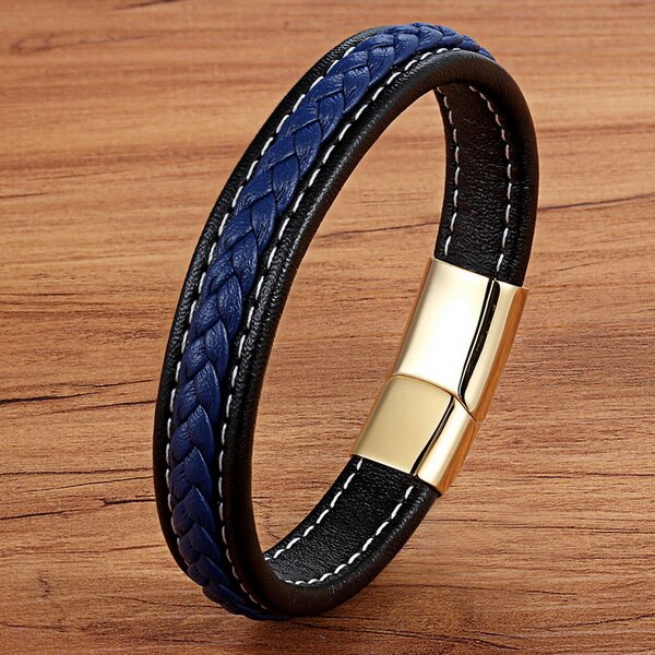 TYO Black/Blue Cross Design Charm Leather Bracelet For Men Braid Rope Chain Stainless Steel Magnetic Clasp Male Bangle Gifts - Azbrowse