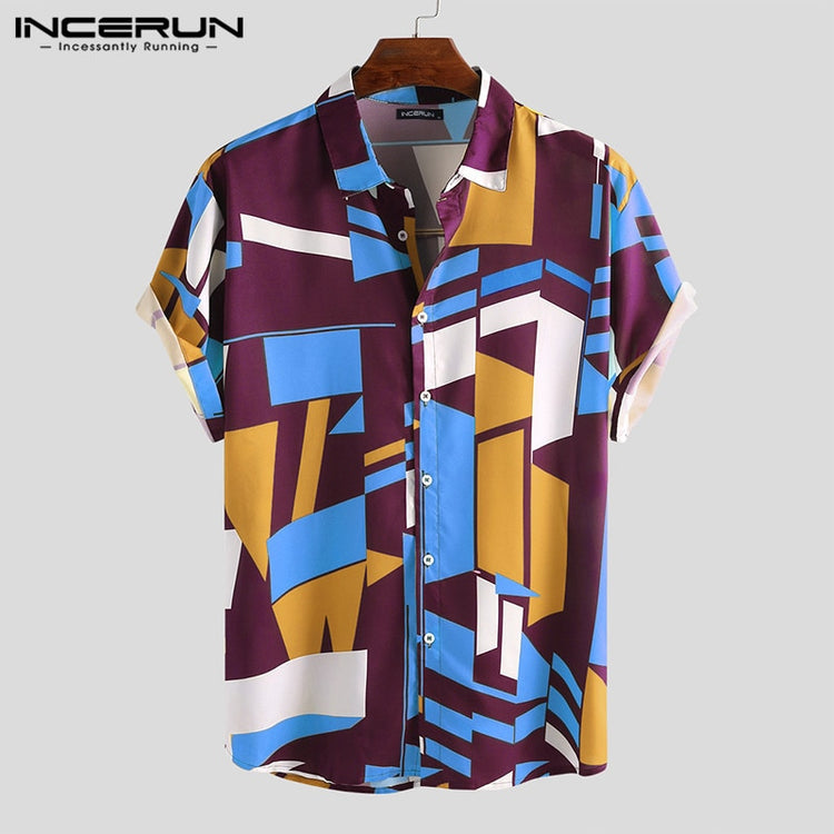 INCERUN Summer Men Beach Shirt Geometric Print Short Sleeve Lapel Neck Button Leisure Hawaiian Shirts Men 2023 Streetwear S-5XL - Azbrowse