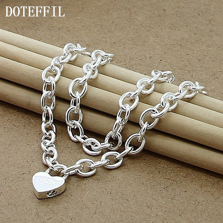 DOTEFFIL 925 Sterling Silver Heart Lock Pendant Necklace 18 Inch Chain For Women Wedding Engagement Fashion Jewelry - Azbrowse