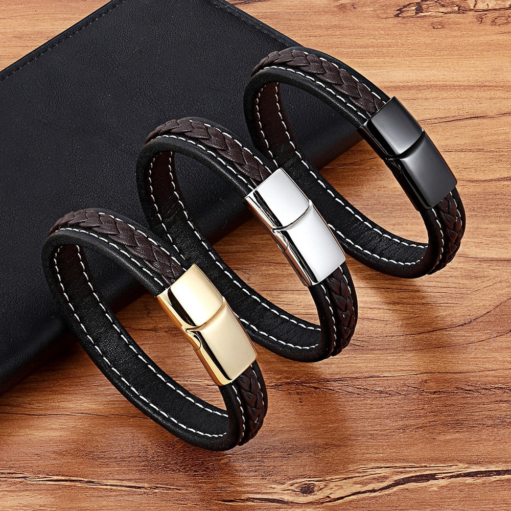 TYO Black/Blue Cross Design Charm Leather Bracelet For Men Braid Rope Chain Stainless Steel Magnetic Clasp Male Bangle Gifts - Azbrowse