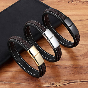 TYO Black/Blue Cross Design Charm Leather Bracelet For Men Braid Rope Chain Stainless Steel Magnetic Clasp Male Bangle Gifts - Azbrowse