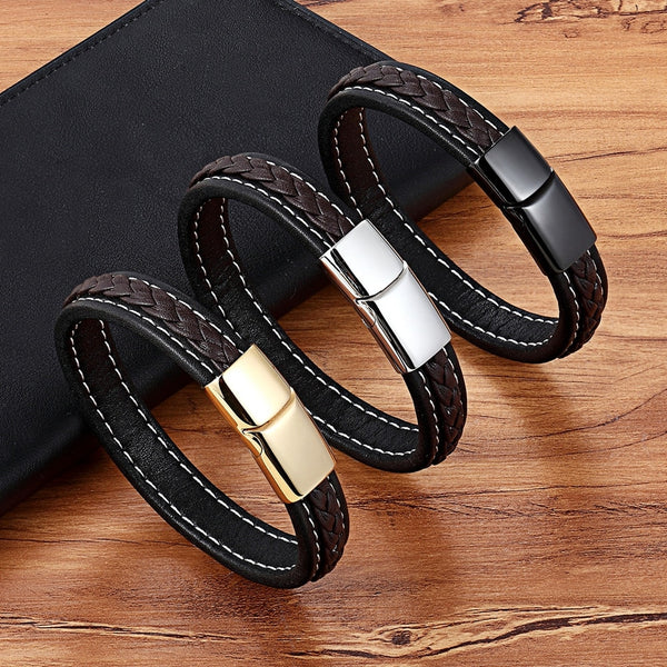 TYO Black/Blue Cross Design Charm Leather Bracelet For Men Braid Rope Chain Stainless Steel Magnetic Clasp Male Bangle Gifts - Azbrowse