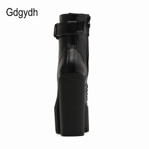 Gdgydh Fashion Motorcycle Boots Women Leather Spring Autumn Metal Buckle High Heels Shoes Zipper Black Ankle Boots Woman Lacing - Azbrowse