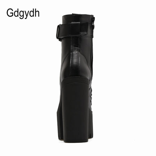 Gdgydh Fashion Motorcycle Boots Women Leather Spring Autumn Metal Buckle High Heels Shoes Zipper Black Ankle Boots Woman Lacing - Azbrowse