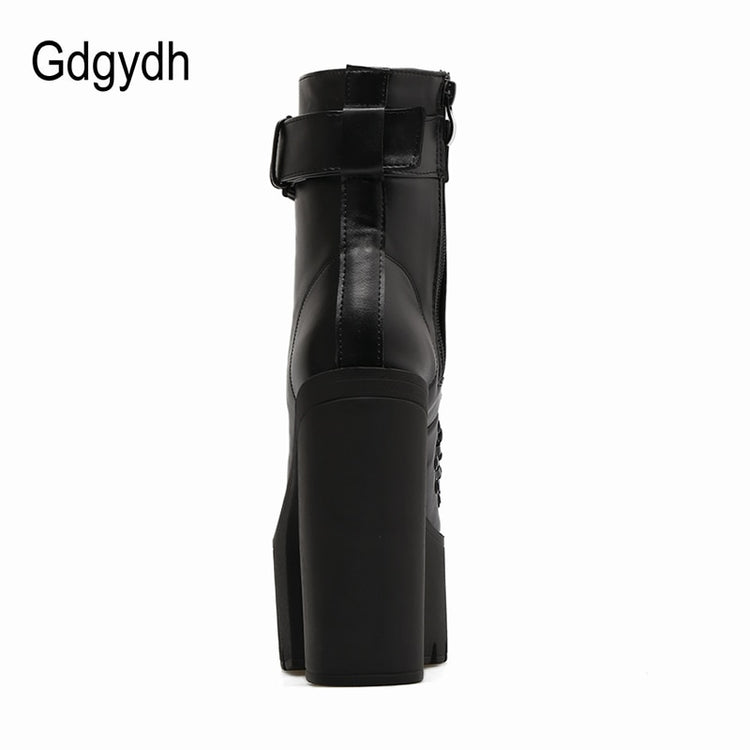 Gdgydh Fashion Motorcycle Boots Women Leather Spring Autumn Metal Buckle High Heels Shoes Zipper Black Ankle Boots Woman Lacing - Azbrowse