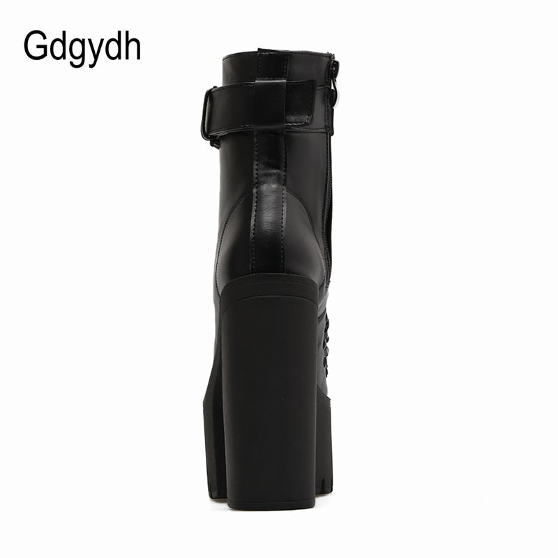 Gdgydh Fashion Motorcycle Boots Women Leather Spring Autumn Metal Buckle High Heels Shoes Zipper Black Ankle Boots Woman Lacing - Azbrowse