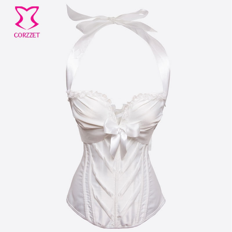 Victorian Ruffle Trim Push Up Zipper Bustier Top Corselet Overbust White Corset Waist Trainer Bridal Wedding Corsets Lingerie