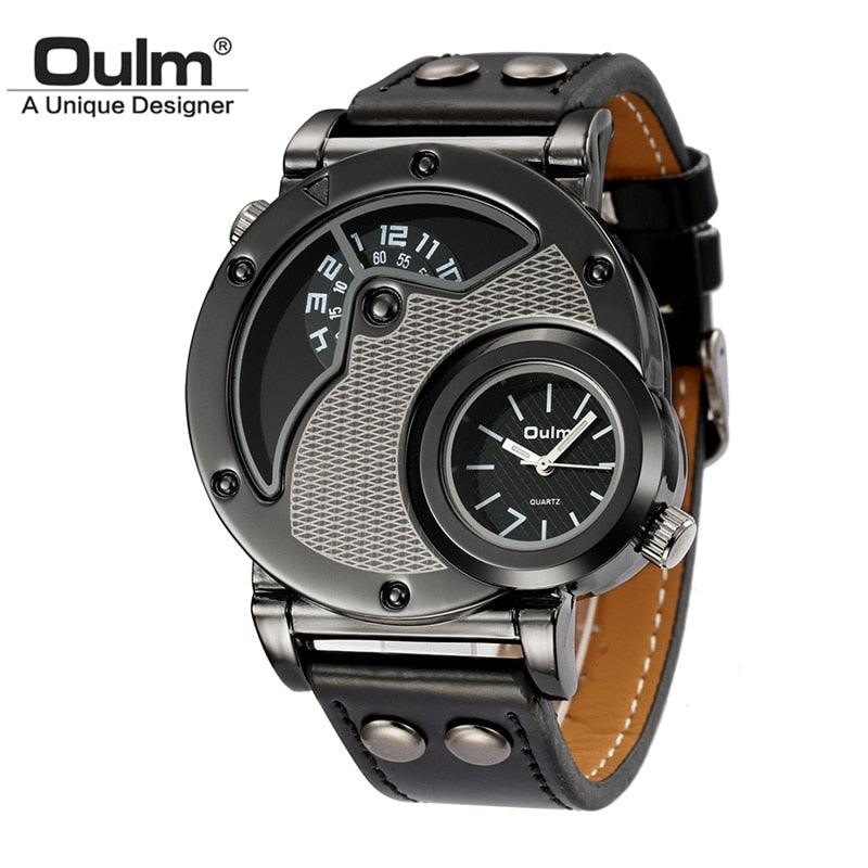 Oulm Designer Brand Luxury Watches For Men Dual Time Quartz Watch Casual Man Leather Watch Sport Male Clock relogio masculino - Azbrowse