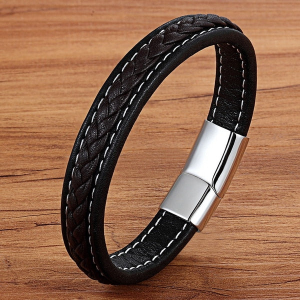 TYO Black/Blue Cross Design Charm Leather Bracelet For Men Braid Rope Chain Stainless Steel Magnetic Clasp Male Bangle Gifts - Azbrowse