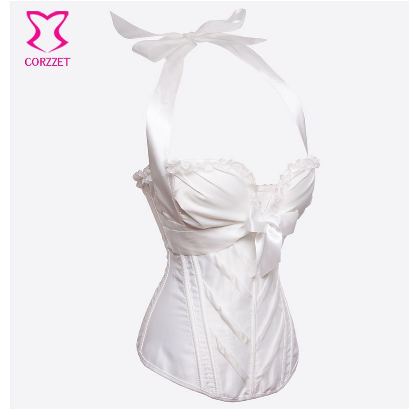 Victorian Ruffle Trim Push Up Zipper Bustier Top Corselet Overbust White Corset Waist Trainer Bridal Wedding Corsets Lingerie