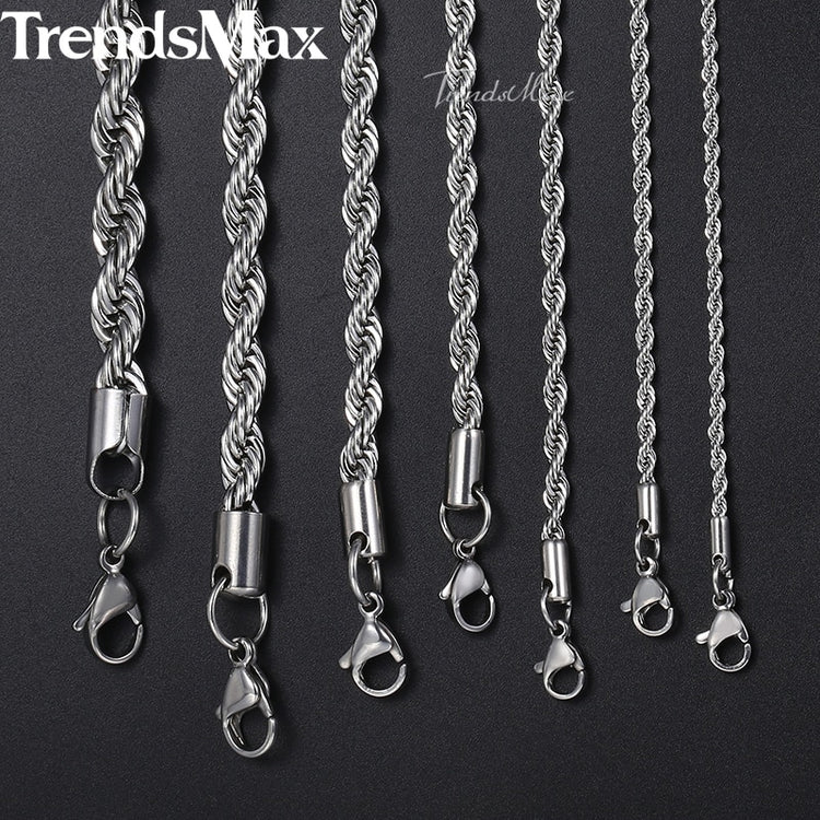 20-26inch Rope Chains Necklace For Men Women Silver Color Stainless Steel Necklace Men's Jewelry Wholesale KNM132 - Azbrowse