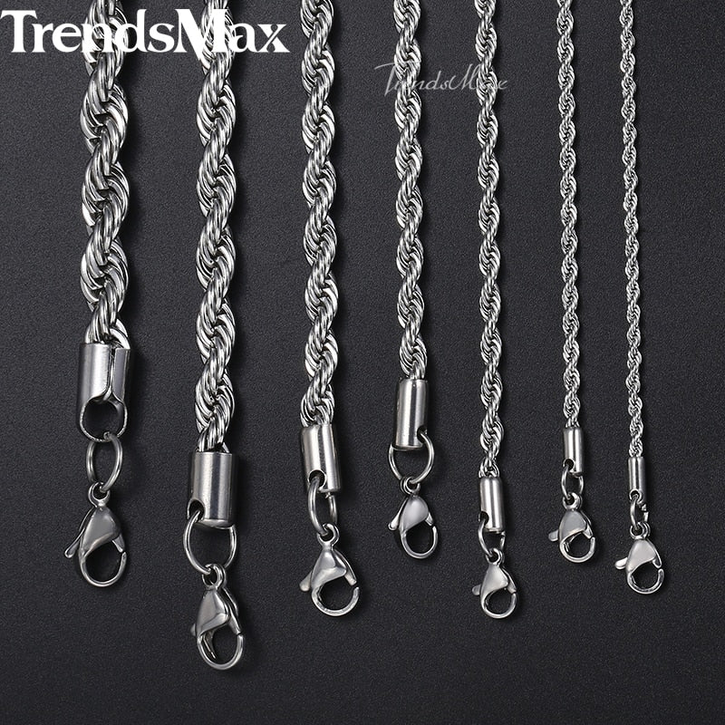 20-26inch Rope Chains Necklace For Men Women Silver Color Stainless Steel Necklace Men's Jewelry Wholesale KNM132 - Azbrowse