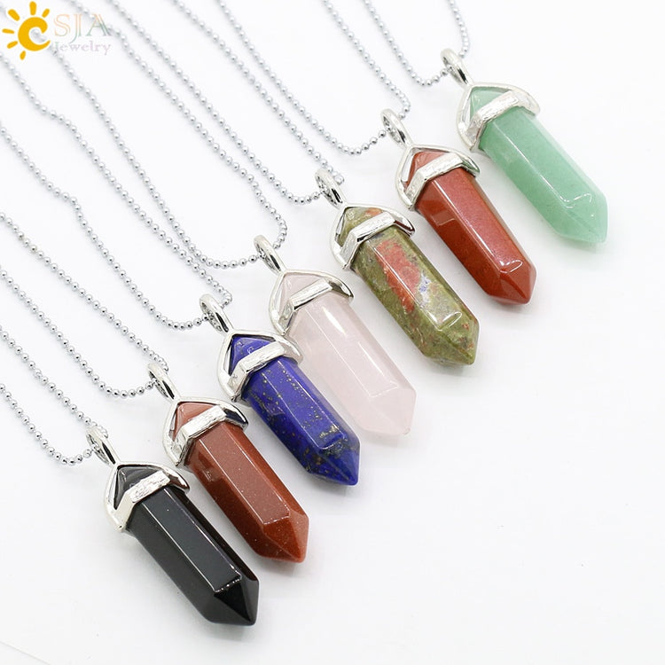 CSJA Real Raw Pink Purple Gem Crystals Necklace Hexagonal Bullet Reiki Chakra Natural Stone Necklace Pendant Women Jewelry E056 - Azbrowse