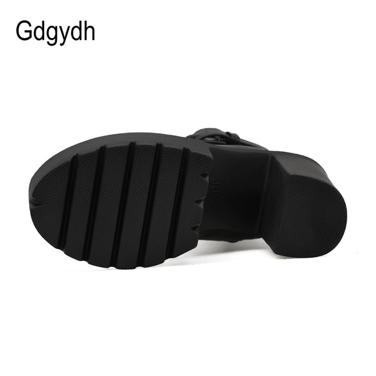 Gdgydh Fashion Motorcycle Boots Women Leather Spring Autumn Metal Buckle High Heels Shoes Zipper Black Ankle Boots Woman Lacing - Azbrowse