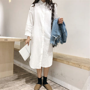 Cotton Women Blouse Shirt Dress Beach Vacation New Linen Cottons Casual Plus Size Womans Long Section Shirt White/Blue - Azbrowse