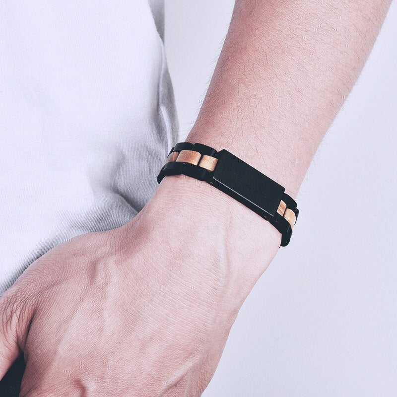 BOBO BIRD Wood Bracelet For Women Free Engraved name Men Bracelet Stainless Steel Bangle Anniversary Gift for Him pulseras mujer - Azbrowse