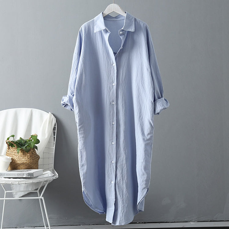 Cotton Women Blouse Shirt Dress Beach Vacation New Linen Cottons Casual Plus Size Womans Long Section Shirt White/Blue - Azbrowse