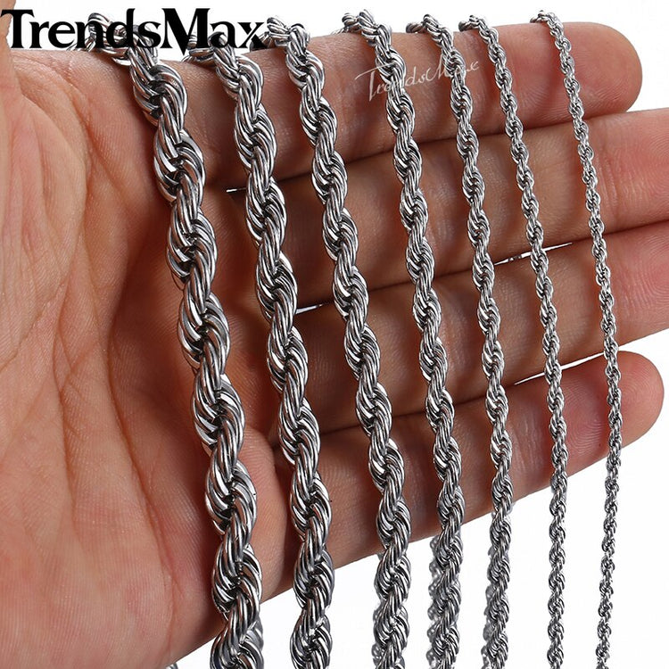 20-26inch Rope Chains Necklace For Men Women Silver Color Stainless Steel Necklace Men's Jewelry Wholesale KNM132 - Azbrowse