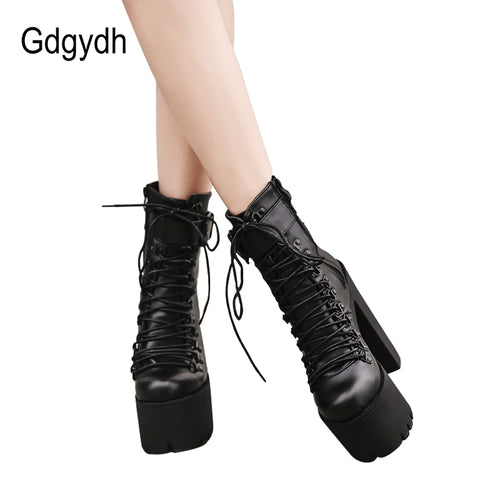 Gdgydh Fashion Motorcycle Boots Women Leather Spring Autumn Metal Buckle High Heels Shoes Zipper Black Ankle Boots Woman Lacing - Azbrowse