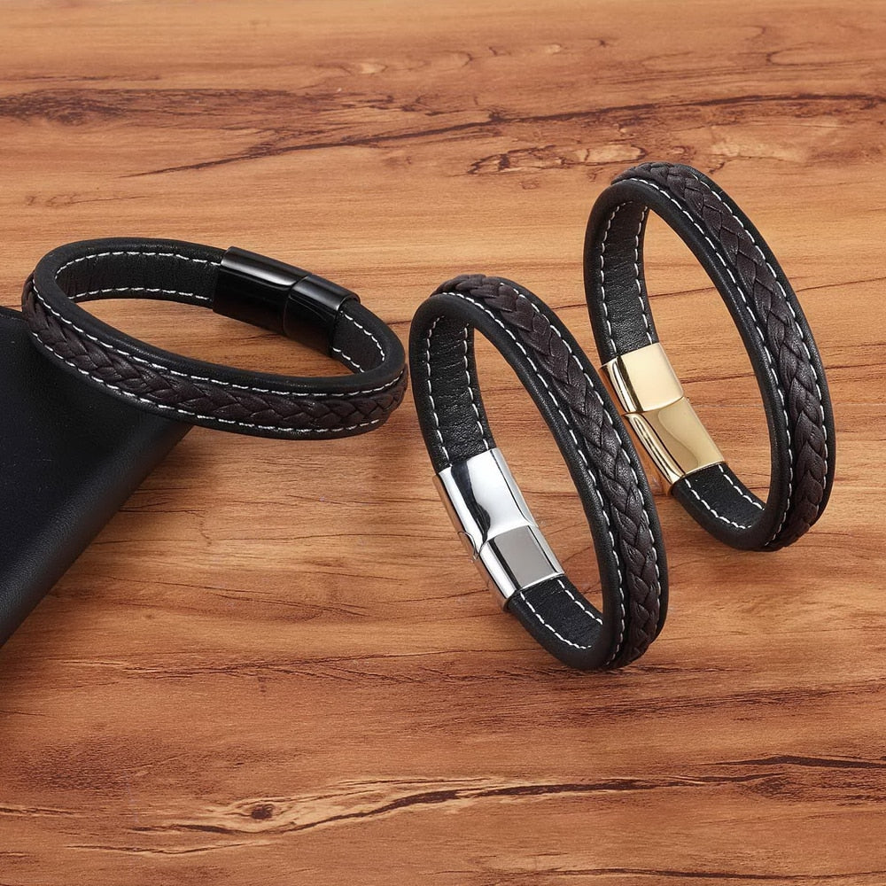 TYO Black/Blue Cross Design Charm Leather Bracelet For Men Braid Rope Chain Stainless Steel Magnetic Clasp Male Bangle Gifts - Azbrowse