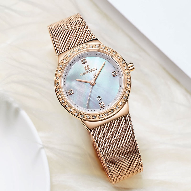 NAVIFORCE Women's Watch Luxury Rhinestone Fashion Ladies Watches Date Waterproof Quartz Wristwatch Clock Female Relogio Feminino - Azbrowse