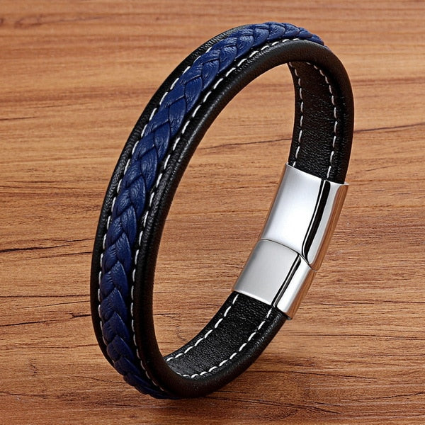 TYO Black/Blue Cross Design Charm Leather Bracelet For Men Braid Rope Chain Stainless Steel Magnetic Clasp Male Bangle Gifts - Azbrowse