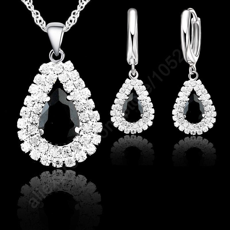 Jewelry Sets Blue 925 Sterling Silver Crystal Pendant Necklace 18" Chain Hoop Earring Lever Back Women Gift Accessories
