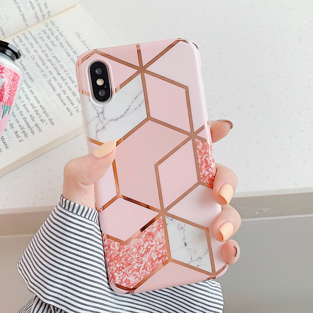 LOVECOM Geometric Marble Phone Cases For iPhone 13 12 Pro Max 11 14 Pro Max 14 Plus Coque Soft IMD Electroplated Back Bumper - Azbrowse