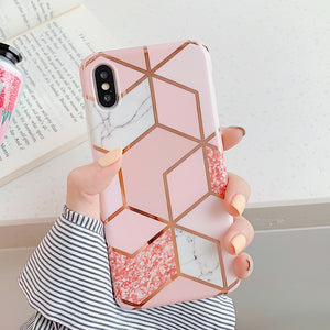 LOVECOM Geometric Marble Phone Cases For iPhone 13 12 Pro Max 11 14 Pro Max 14 Plus Coque Soft IMD Electroplated Back Bumper - Azbrowse