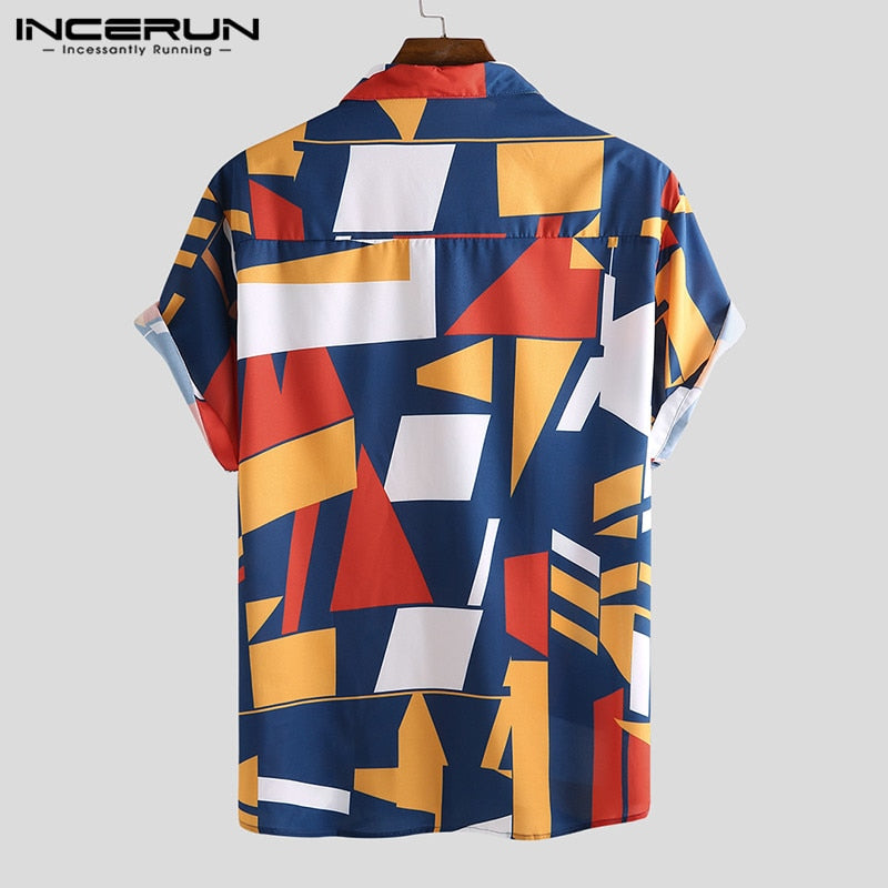 INCERUN Summer Men Beach Shirt Geometric Print Short Sleeve Lapel Neck Button Leisure Hawaiian Shirts Men 2023 Streetwear S-5XL - Azbrowse
