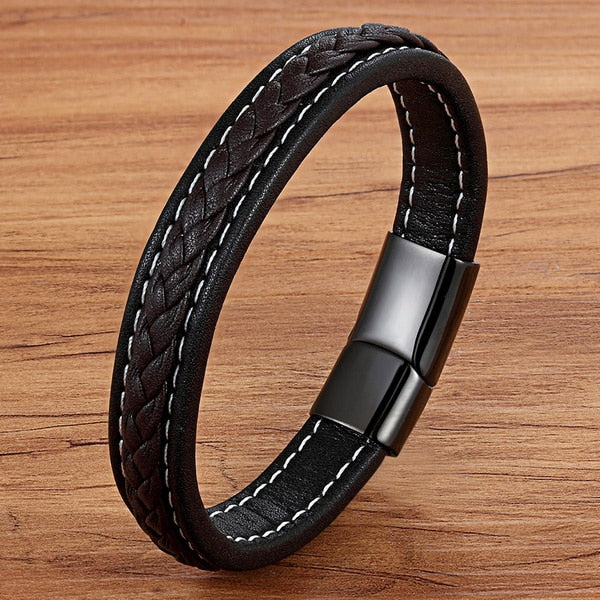 TYO Black/Blue Cross Design Charm Leather Bracelet For Men Braid Rope Chain Stainless Steel Magnetic Clasp Male Bangle Gifts - Azbrowse