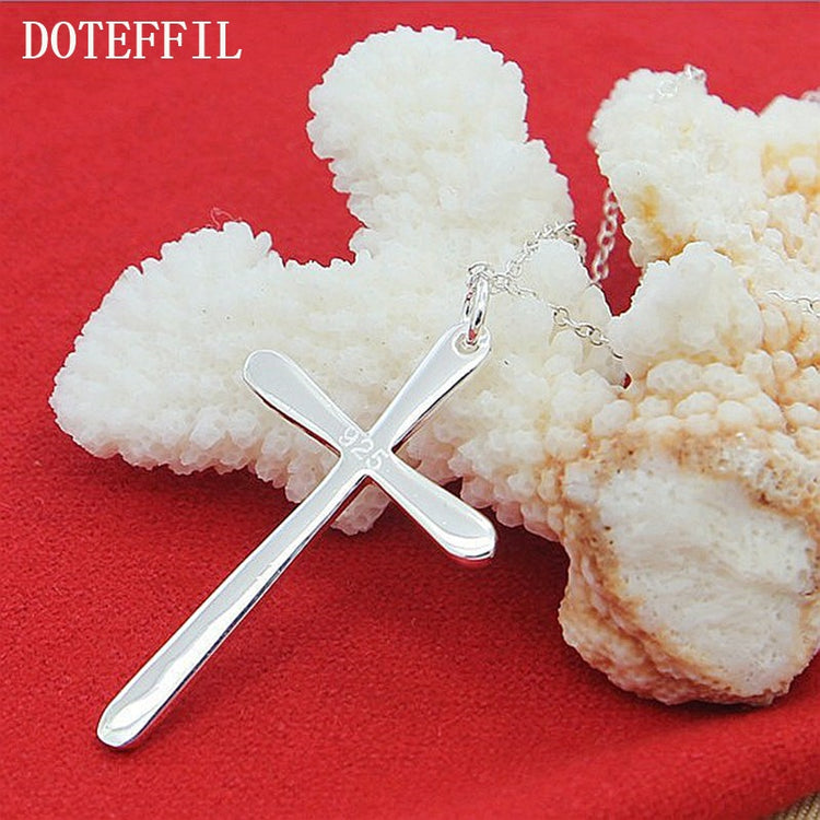 DOTEFFIL 925 Sterling Silver Long Cross Pendant Necklace 18 Inch Chain For Woman Fashion Wedding Engagement Charm Jewelry - Azbrowse