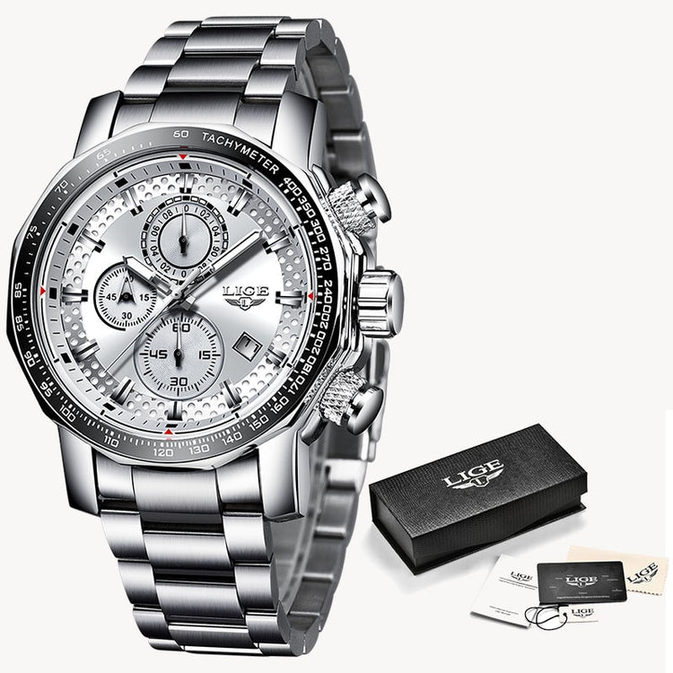 LIGE Silver Big Dial Watch Men Sport Quartz Clock Fashion Men Watches Top Brand Luxury Man Military Waterproof Chronograph 2021 - Azbrowse